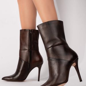 Stylish brown leather stiletto boots perfect for fashion enthusiasts seeking elegance.