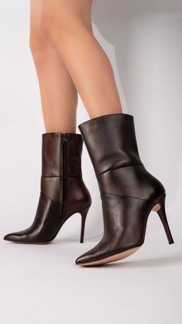 Stylish brown leather stiletto boots perfect for fashion enthusiasts seeking elegance.